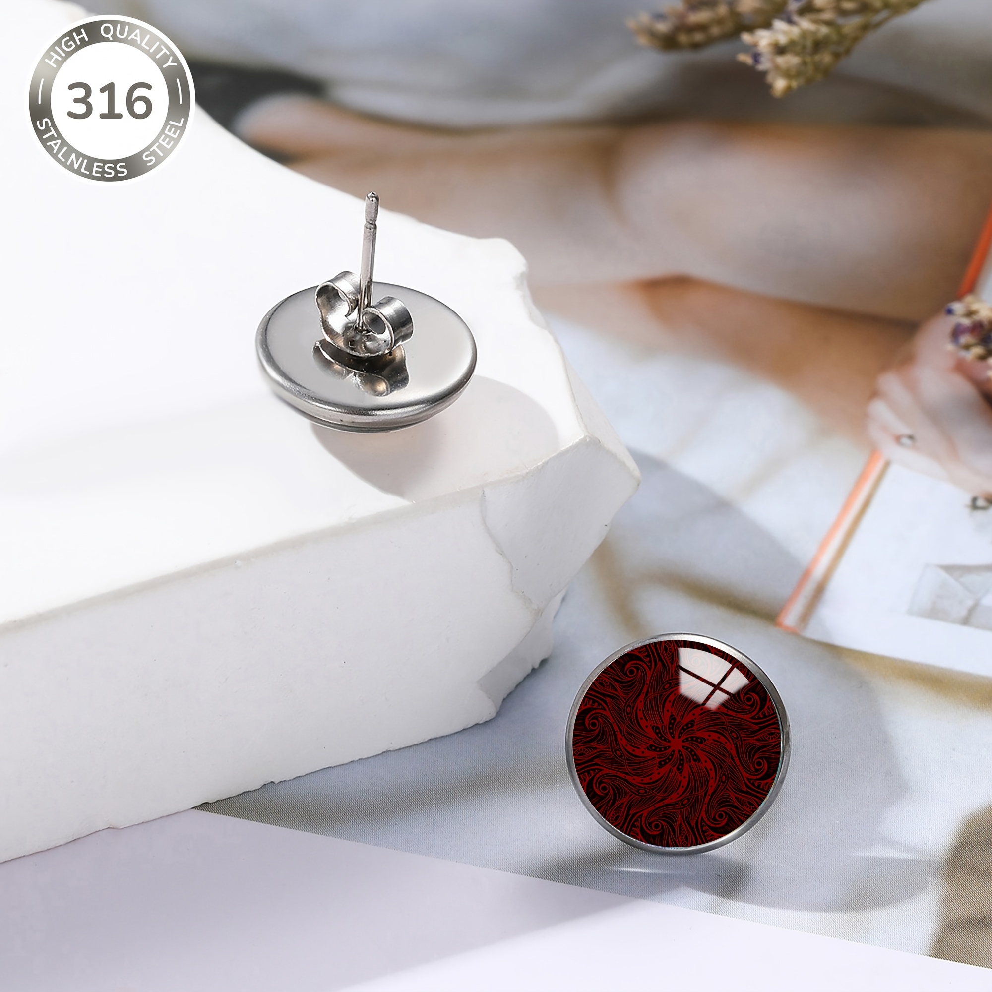 Red Mandala Spiral Floral Pattern Stainless Steel Stud Earrings